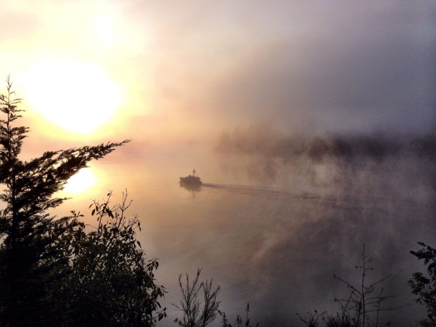 Boat in the fog at sunrise